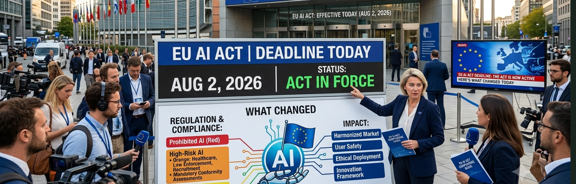 European Union flag alongside AI regulation imagery, representing the EU AI Act's phased August 2026 enforcement deadline