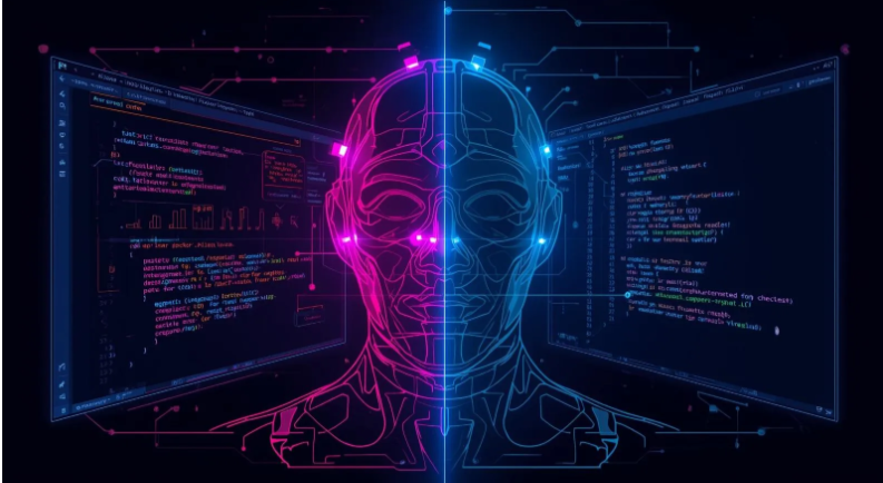 Developer working with an AI coding assistant, illustrating mixed research findings on productivity gains