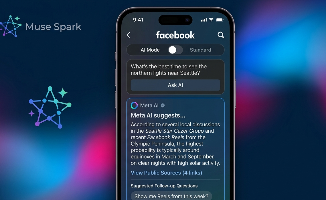 Facebook's new AI Mode search feature displays a conversational AI-generated answer instead of a list of links